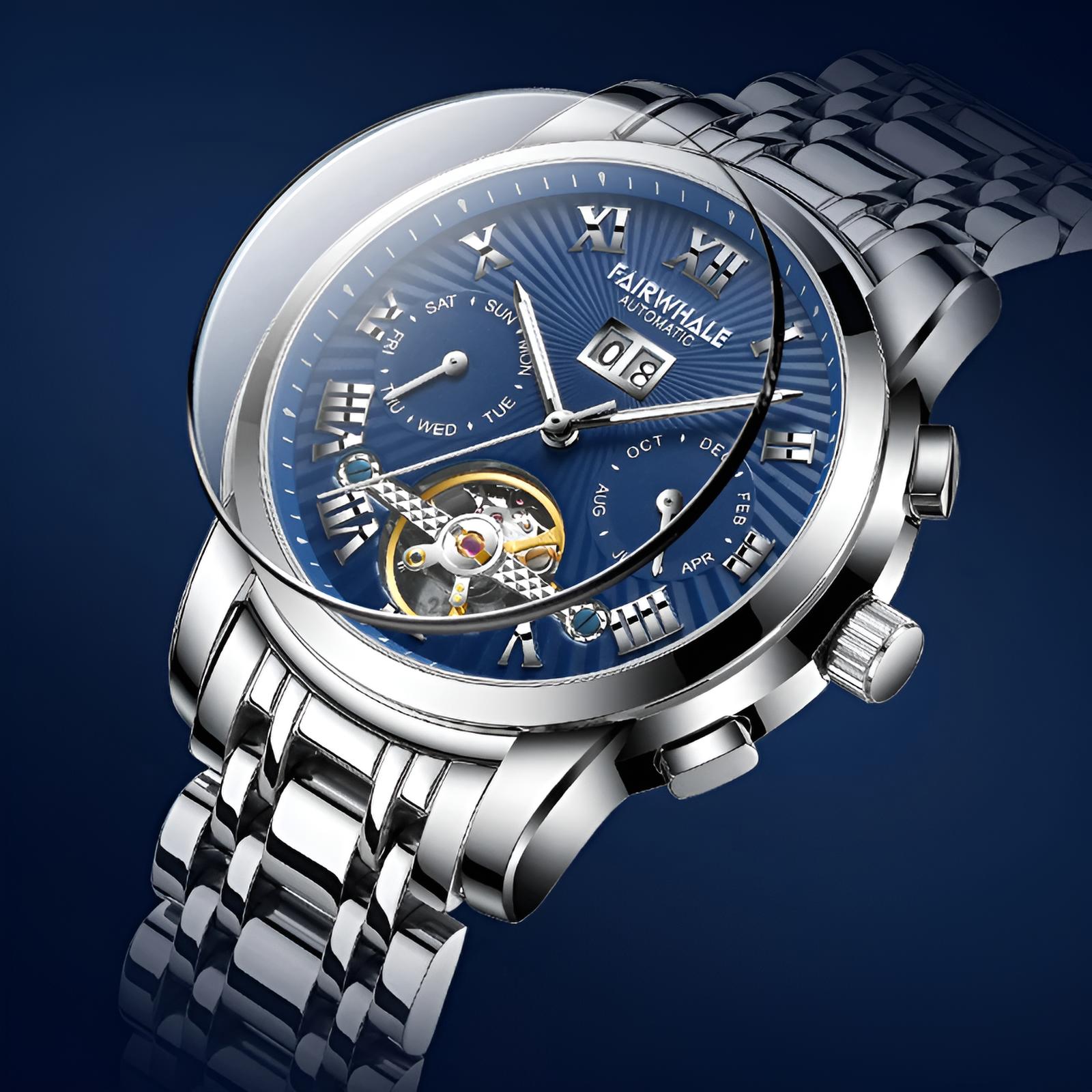 Mark Fairwhale ORIENTIS Skyborne Steel – Stainless steel automatic watch for men with luminous calendar dial and dual-material band