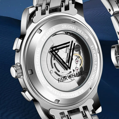 Back view of Mark Fairwhale 6980 VALTOR automatic watch with transparent case showing mechanical movement