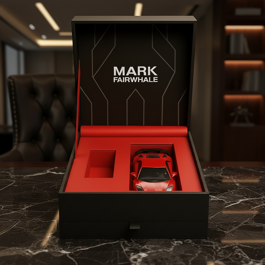 Red toy car in a black and red box with &