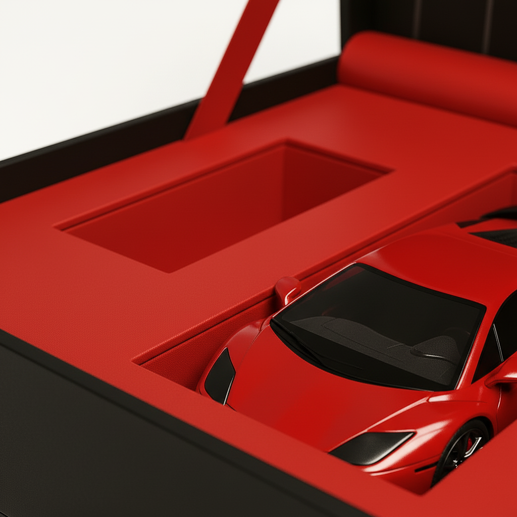 Red sports car model inside a red and black display case