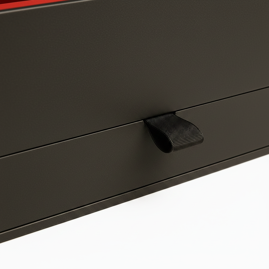 Black metal drawer with a handle on a white background