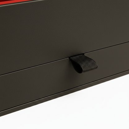 Black metal drawer with a handle on a white background