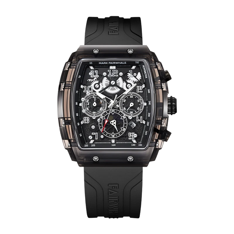 Mark Fairwhale black square multifunction watch with black rubber strap and complex black dial