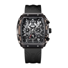 Mark Fairwhale black square multifunction watch with black rubber strap and complex black dial
