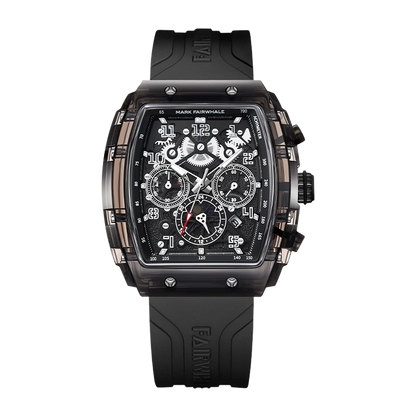 Mark Fairwhale black square multifunction watch with black rubber strap and complex black dial