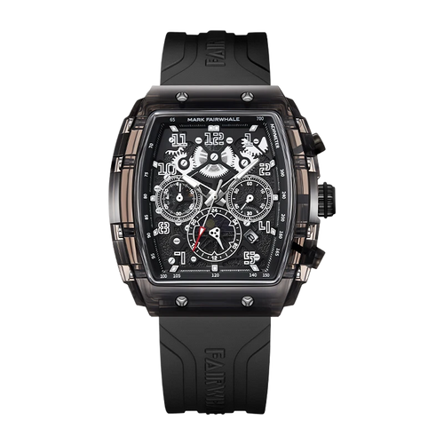 Mark Fairwhale black square multifunction watch with black rubber strap and complex black dial