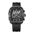Mark Fairwhale black square multifunction watch with black rubber strap and complex black dial