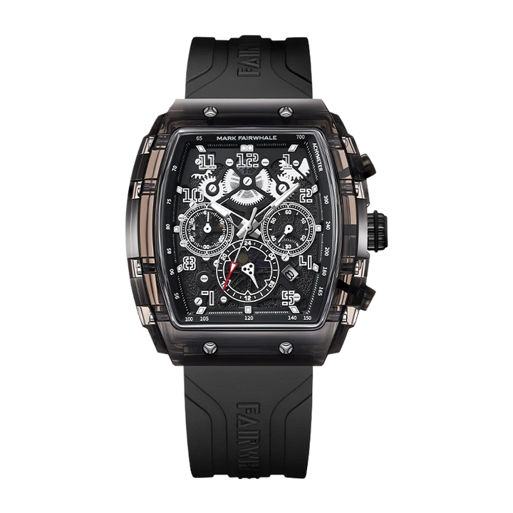 Mark Fairwhale black square multifunction watch with black rubber strap and complex black dial