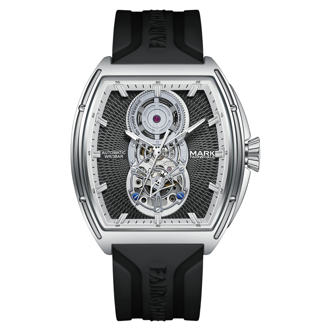 Mark Fairwhale men’s automatic skeleton watch with silver tonneau case, open heart dial and black rubber strap, front view on transparent background
