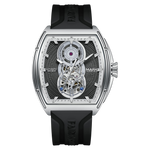 Mark Fairwhale men’s automatic skeleton watch with silver tonneau case, open heart dial and black rubber strap, front view on transparent background