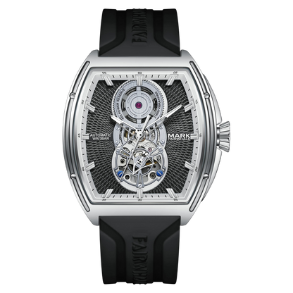 Mark Fairwhale men’s automatic skeleton watch with silver tonneau case, open heart dial and black rubber strap, front view on transparent background