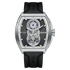 Mark Fairwhale men’s automatic skeleton watch with silver tonneau case, open heart dial and black rubber strap, front view on transparent background