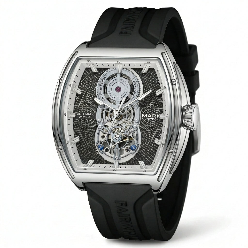 Mark Fairwhale men’s automatic skeleton watch with silver tonneau case, open heart dial and black rubber strap, shown in partial three quarter product view on light gray background