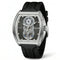 Mark Fairwhale men’s automatic skeleton watch with silver tonneau case, open heart dial and black rubber strap, shown in partial three quarter product view on light gray background