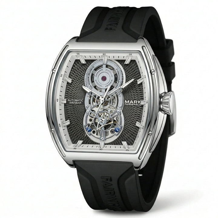 Mark Fairwhale men’s automatic skeleton watch with silver tonneau case, open heart dial and black rubber strap, shown in partial three quarter product view on light gray background