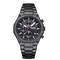 Mark Fairwhale men’s chronograph watch with black stainless steel case and bracelet, black dial with three subdials, front view on transparent background