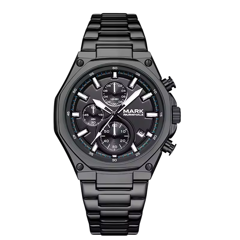Mark Fairwhale men’s chronograph watch with black stainless steel case and bracelet, black dial with three subdials, front view on transparent background