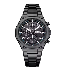 Mark Fairwhale men’s chronograph watch with black stainless steel case and bracelet, black dial with three subdials, front view on transparent background