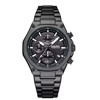 Mark Fairwhale men’s chronograph watch with black stainless steel case and bracelet, black dial with three subdials, front view on transparent background