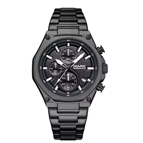 Mark Fairwhale men’s chronograph watch with black stainless steel case and bracelet, black dial with three subdials, front view on transparent background