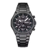 Mark Fairwhale men’s chronograph watch with black stainless steel case and bracelet, black dial with three subdials, front view on transparent background