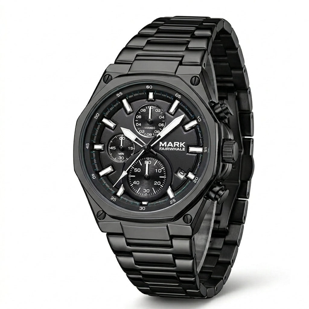Mark Fairwhale men’s chronograph watch with black stainless steel case and bracelet, black dial with three subdials, shown in three quarter product view on light gray background