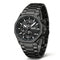 Mark Fairwhale men’s chronograph watch with black stainless steel case and bracelet, black dial with three subdials, shown in three quarter product view on light gray background