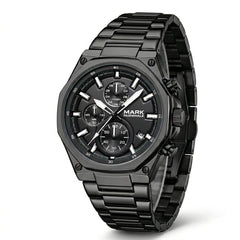 Mark Fairwhale men’s chronograph watch with black stainless steel case and bracelet, black dial with three subdials, shown in three quarter product view on light gray background
