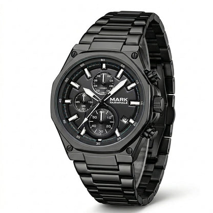 Mark Fairwhale men’s chronograph watch with black stainless steel case and bracelet, black dial with three subdials, shown in three quarter product view on light gray background