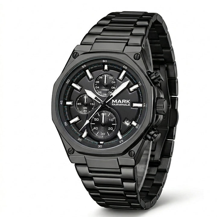 Mark Fairwhale men’s chronograph watch with black stainless steel case and bracelet, black dial with three subdials, shown in three quarter product view on light gray background