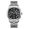 Mark Fairwhale men’s chronograph watch with silver stainless steel case and bracelet, black dial with Roman numerals and moon phase subdial, front view on transparent background