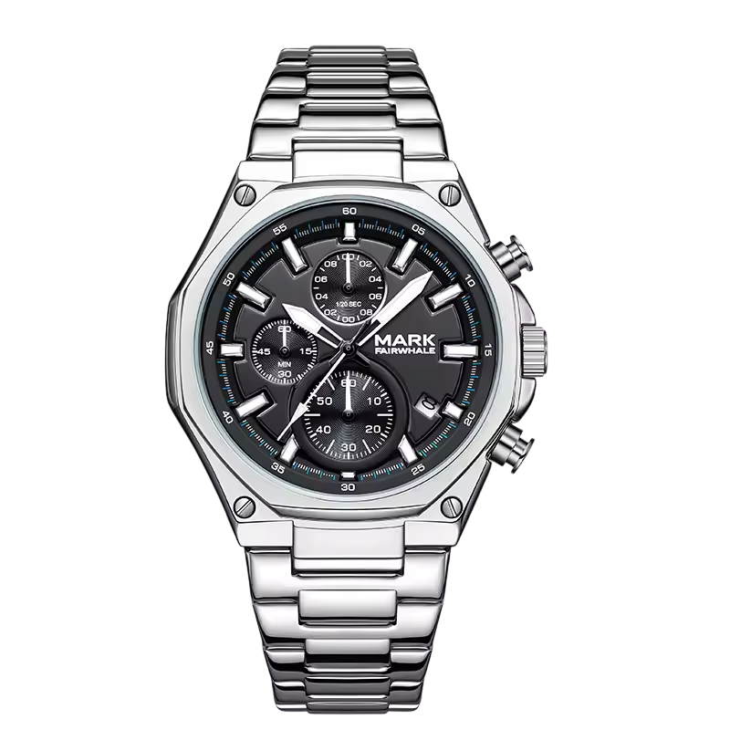 Mark Fairwhale men’s chronograph watch with silver stainless steel case and bracelet, black dial with three subdials, front view on transparent background