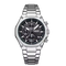 Mark Fairwhale men’s chronograph watch with silver stainless steel case and bracelet, black dial with three subdials, front view on transparent background