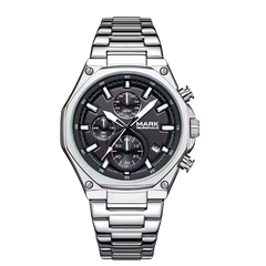 Mark Fairwhale men’s chronograph watch with silver stainless steel case and bracelet, black dial with three subdials, front view on transparent background