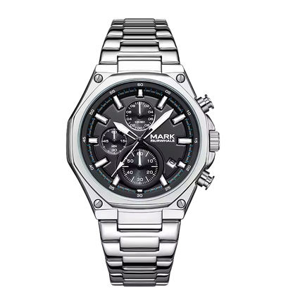 Mark Fairwhale men’s chronograph watch with silver stainless steel case and bracelet, black dial with three subdials, front view on transparent background