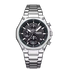 Mark Fairwhale men’s chronograph watch with silver stainless steel case and bracelet, black dial with three subdials, front view on transparent background