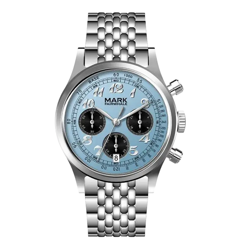Mark Fairwhale men’s chronograph watch with silver stainless steel case and bracelet, light blue dial with black subdials and Arabic numerals, partial front view on transparent background