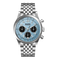 Mark Fairwhale men’s chronograph watch with silver stainless steel case and bracelet, light blue dial with black subdials and Arabic numerals, partial front view on transparent background
