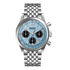 Mark Fairwhale men’s chronograph watch with silver stainless steel case and bracelet, light blue dial with black subdials and Arabic numerals, partial front view on transparent background