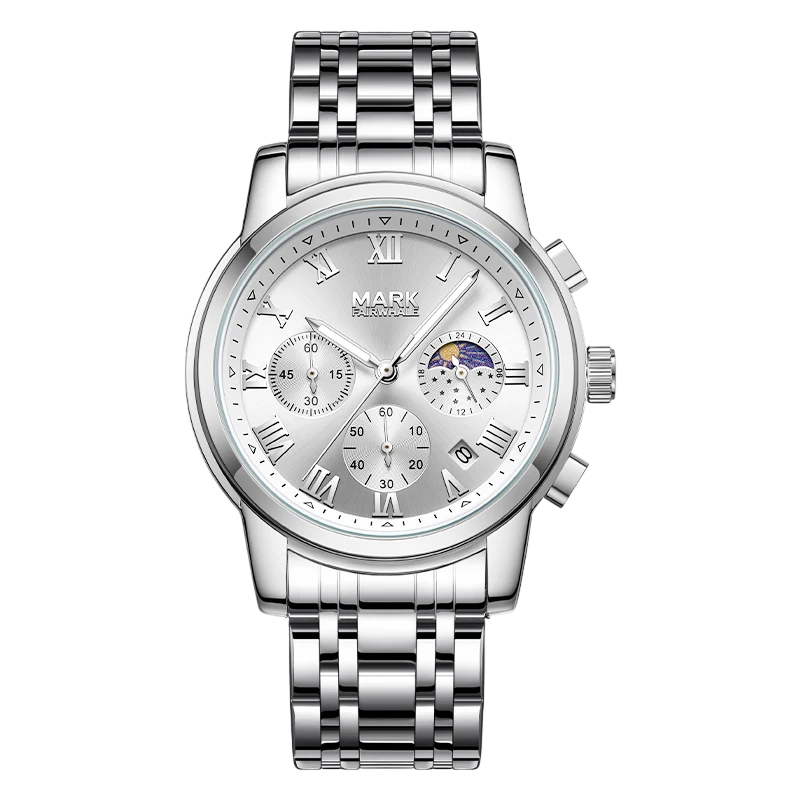 Mark Fairwhale men’s chronograph watch with silver stainless steel case and bracelet, white dial with Roman numerals and moon phase subdial, front view on transparent background