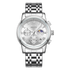 Mark Fairwhale men’s chronograph watch with silver stainless steel case and bracelet, white dial with Roman numerals and moon phase subdial, front view on transparent background
