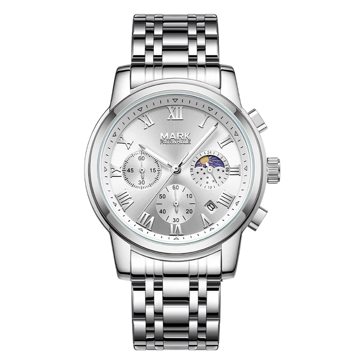 Mark Fairwhale men’s chronograph watch with silver stainless steel case and bracelet, white dial with Roman numerals and moon phase subdial, front view on transparent background