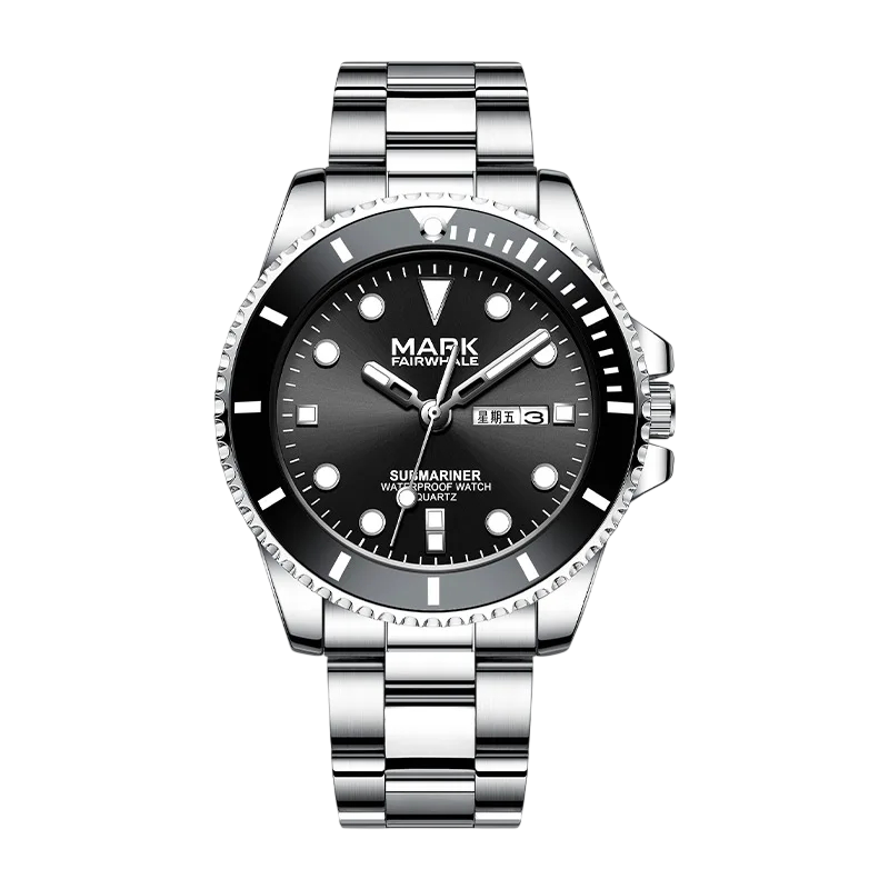 Mark Fairwhale men’s diver style watch with silver stainless steel case and bracelet, black bezel and black dial, front view on transparent background