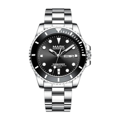 Mark Fairwhale men’s diver style watch with silver stainless steel case and bracelet, black bezel and black dial, front view on transparent background