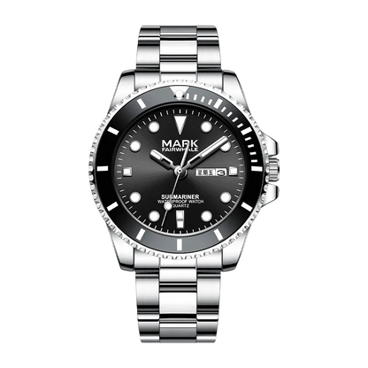 Mark Fairwhale men’s diver style watch with silver stainless steel case and bracelet, black bezel and black dial, front view on transparent background