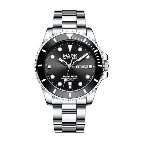 Mark Fairwhale men’s diver style watch with silver stainless steel case and bracelet, black bezel and black dial, front view on transparent background