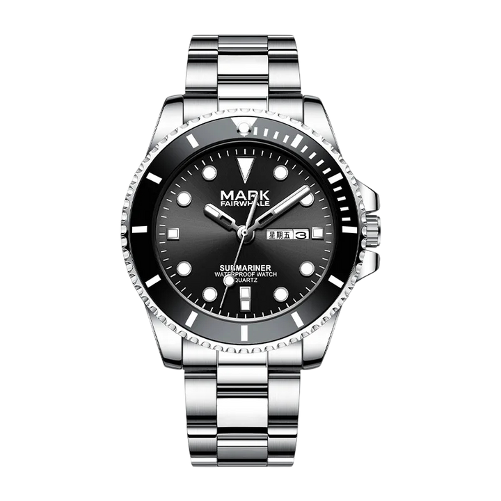 Mark Fairwhale men’s diver style watch with silver stainless steel case and bracelet, black bezel and black dial, front view on transparent background