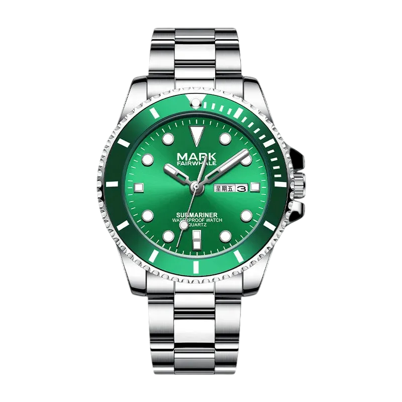 Mark Fairwhale men’s diver style watch with silver stainless steel case and bracelet, green bezel and green sunburst dial, front view on transparent background