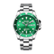 Mark Fairwhale men’s diver style watch with silver stainless steel case and bracelet, green bezel and green sunburst dial, front view on transparent background