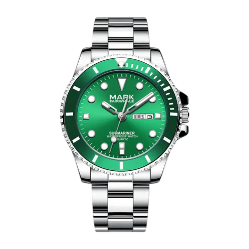 Mark Fairwhale men’s diver style watch with silver stainless steel case and bracelet, green bezel and green sunburst dial, front view on transparent background